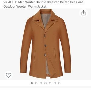 VICALLED Men Winter Double Breasted Belted Pea Coat Outdoor Woolen Warm Jacket